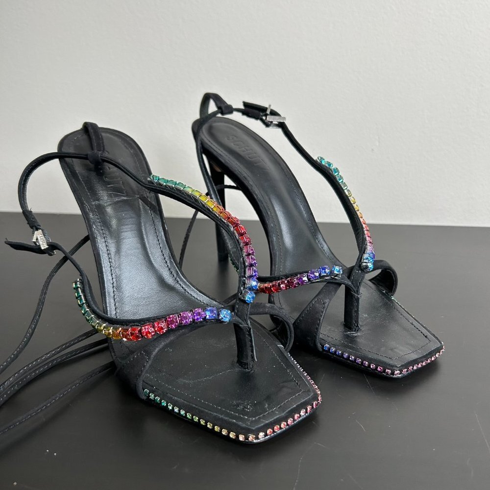 Schutz Vikki Crystal Sandal Nobuck Black with Rainbow Crystals Size 7.5 - Picture 4 of 15